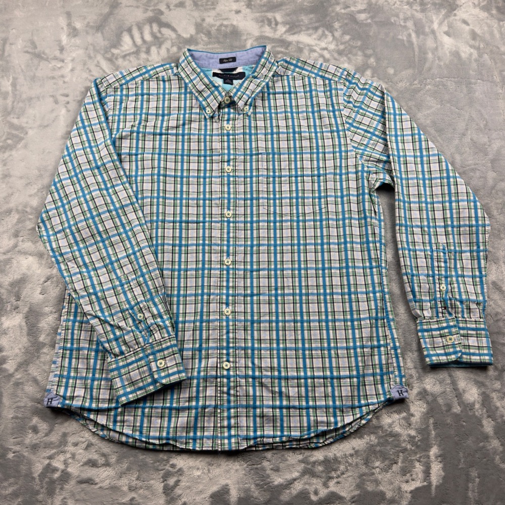 Tommy Hilfiger Mens XL Slim Fit Plaid Button Down Shirt Blue Green Long Sleeve